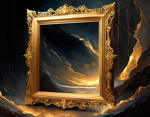 Golden square frame with abstract black background