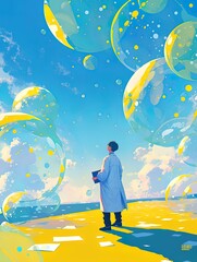 Cartoon illustration of the graduation season poster for the college entrance examination, with students standing in front of colorful balloons and bubbles
