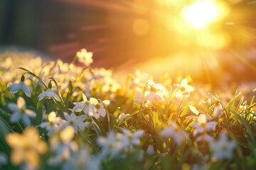 Beautiful gentle spring background with snowdrop flowers in nature.