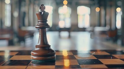 wooden king chess piece on chessboard against blurred hall with window  with copy space for world chess day.