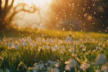 Obraz premium Beautiful gentle spring background with snowdrop flowers in nature.
