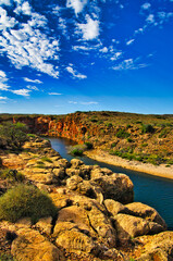 The canyon of the Yardie Creek in Cape Range National Park, Western Australia, with red and yellow...