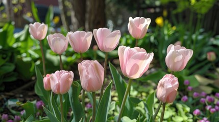 Fototapeta premium Pale pink tulips growing in a garden