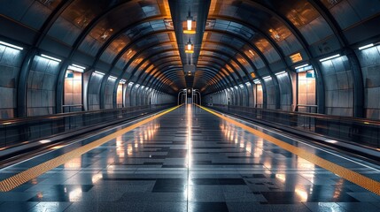 A long, empty subway tunnel with yellow lines on the floor