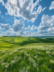 Fototapeta premium Rolling Green Hills under a Blue Sky.