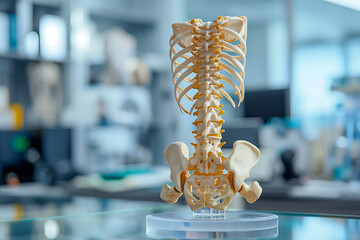 Fototapeta premium Spine. Anatomical model of the human spine against the background of a medical office. Medicine concept. Physiotherapy.