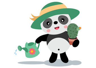 Cute panda gardener holding cactus pot and watering can