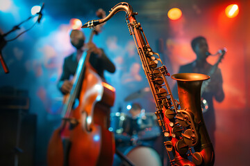 Obraz premium Jazz Band in Full Swing Performance with Emotional Expressions 