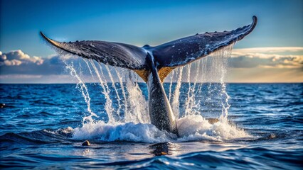 Majestic whale tail breaches ocean surface, dripping water droplets, set against a serene blue background, providing ample copy space for your message or design.
