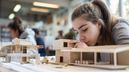 Photograph of undergraduate architecture students working on a model of a modern box house. Capture parts of the model simultaneously and thinking about building and construction concepts 