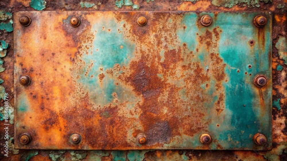 Wall mural weathered, distressed copper surface with rusty iron plate texture, featuring corrosion, peeling pai