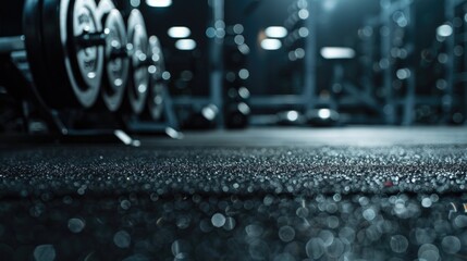 Close-up view of gym equipment lit by a dim light, ideal for use as a background or to highlight fitness and sports themes