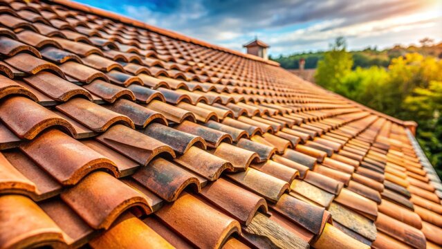 Roof shingles with garret on a traditional house, close-up on the tiles, with a blurred background, providing ample copy space for textual or graphic overlays.
