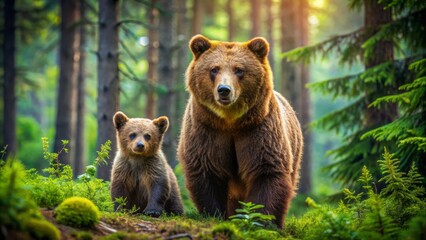 Fototapeta premium A majestic brown bear and its adorable cub roaming freely in a vibrant forest surrounded by lush greenery and towering trees.