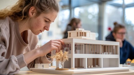 Photograph of undergraduate architecture students working on a model of a modern box house. Capture parts of the model simultaneously and thinking about building and construction concepts
