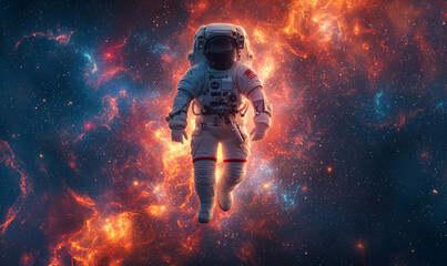 Cosmic sky. Solar system. Planets. Astronaut in a spacesuit during a spacewalk