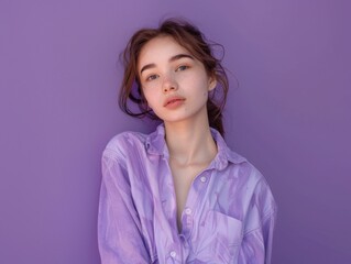A woman posing for a photo wearing a purple shirt, informative and straightforward description