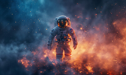 Naklejka premium Cosmic sky. Solar system. Planets. Astronaut in a spacesuit during a spacewalk