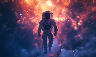 Cosmic sky. Solar system. Planets. Astronaut in a spacesuit during a spacewalk