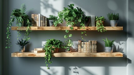 Cozy Minimalist Home Decor Shelves Displaying Houseplants and Books.Zoom Virtual Background, Cozy Interior Backdrop, Living Room Background, Virtual Meetings