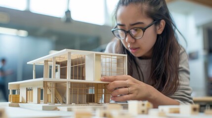 Photograph of undergraduate architecture students working on a model of a modern box house. Capture parts of the model simultaneously and thinking about building and construction concepts