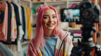A pink-haired female blogger wears a hoodie and a pink camera. While buying clothes via social media, online internet system