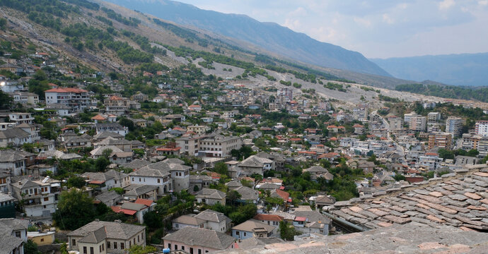 Albania Gjirokastra silver city around the castle streets in the UNESCO listed old town of Gjirokaster in southern Albania
