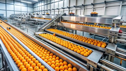 Modern industrial production line for washing and cleaning citrus fruits, featuring stainless steel equipment, conveyer belts, and ample copy space for text or design.