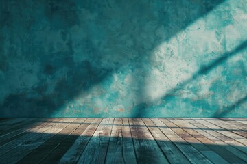 Blue turquoise empty wall and wooden floor with interesting with glare from the window. Interior background for the presentation.