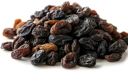 A close-up shot of a pile of raisins on a white surface