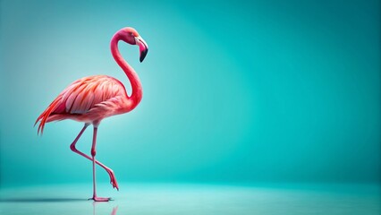 Fototapeta premium Vibrant pink flamingo stands elegantly on a bright light blue background with ample copy space, perfect for summer-themed banners, posters, and advertising materials.