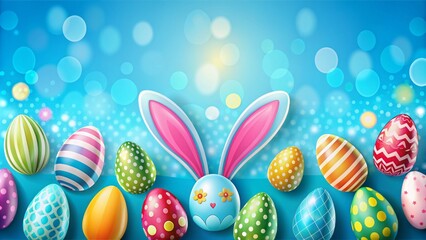Colorful horizontal banner featuring a bright blue background, bunny ears, and decorative eggs, perfect for easter holiday promotions and children's celebrations.