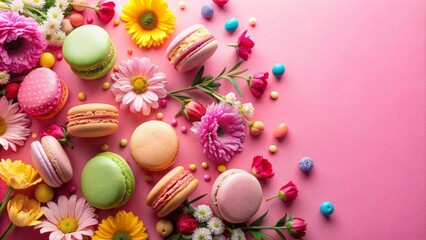 Obraz premium Vibrant pink background adorned with colorful candies, pastel-hued macarons, and delicate flowers, creating a whimsical and festive atmosphere for mother's day celebrations.