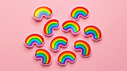 Freshly baked rainbow colored cookies on a bright pink surface, perfect for decoration or as a treat