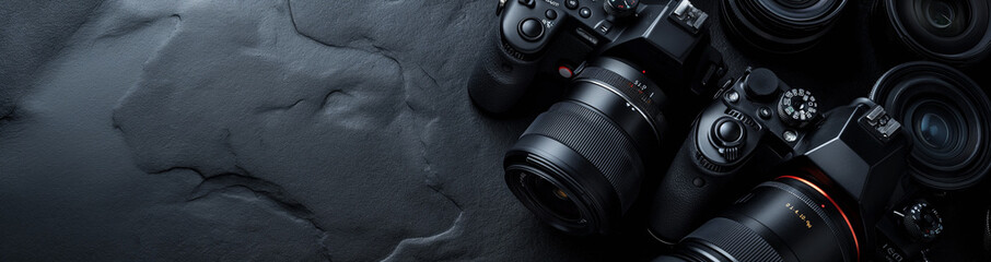 Fototapeta premium Photographer's workplace with camera, camera and lens on a dark table background. Travel photography concept for hobby. Flat copy space, top view. Banner.