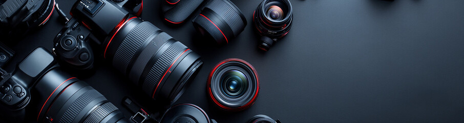 Photographer's workplace with camera, camera and lens on a dark table background. Travel photography concept for hobby. Flat copy space, top view. Banner.