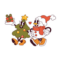 Christmas tree and snowman in Santa Claus cap walk together. Groovy Xmas characters in retro style. Funky fir with star holds new year gift. Winter holiday. Flat isolated vector illustration on white