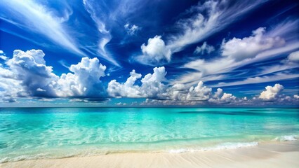 Fototapeta premium Serenely beautiful tropical beach with turquoise blue sky, puffy white clouds, and abstract textured background, perfect for summer vacation and holiday business travel concepts.
