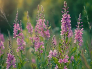 A bunch of purple flowers growing in a green field