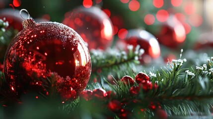 A close-up shot of a red ornament on a Christmas tree, great for holiday season or winter-themed designs