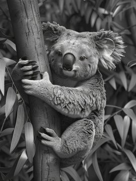 A Black And White Photograph Of A Koala Sitting In A Tree