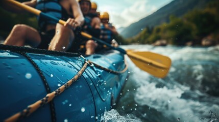People enjoying a ride on a blue raft, possibly in a lake or river