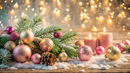 Festive winter scene featuring pink and gold ornaments, candles, and evergreen branches arranged on a snowy wooden table against a soft, shimmering bokeh background.
