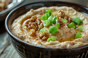 A bowl of creamy hummus topped with chopped green onions, perfect for snacking or as an appetizer
