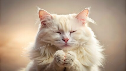 Obraz premium Adorable fluffy white cat with closed eyes and paws clasped together in prayer-like pose lies on soft, creamy background awaiting overlaid text or design.