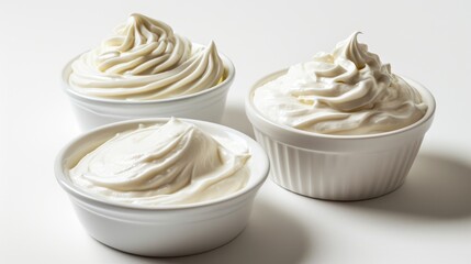 Three small bowls filled with whipped cream for serving or display