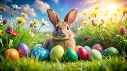 Vibrant easter scene featuring a whimsical bunny amidst a scattering of brightly colored eggs nestled in lush green grass, evoking joy and springtime wonder.