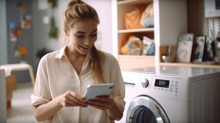 A person reviews their mobile device near a household appliance