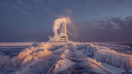 Majestic frozen lighthouse standing on an icy pier under a starry night sky, with soft light illuminating the frozen landscape, capturing the serene beauty of winter.	