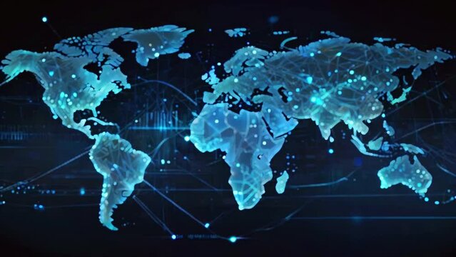 A glowing blue world map made of glowing dots and lines on a black background.